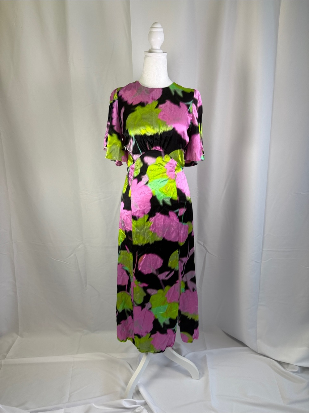 Topshop Black Maxi Dress with Pink & Lime Floral Print
